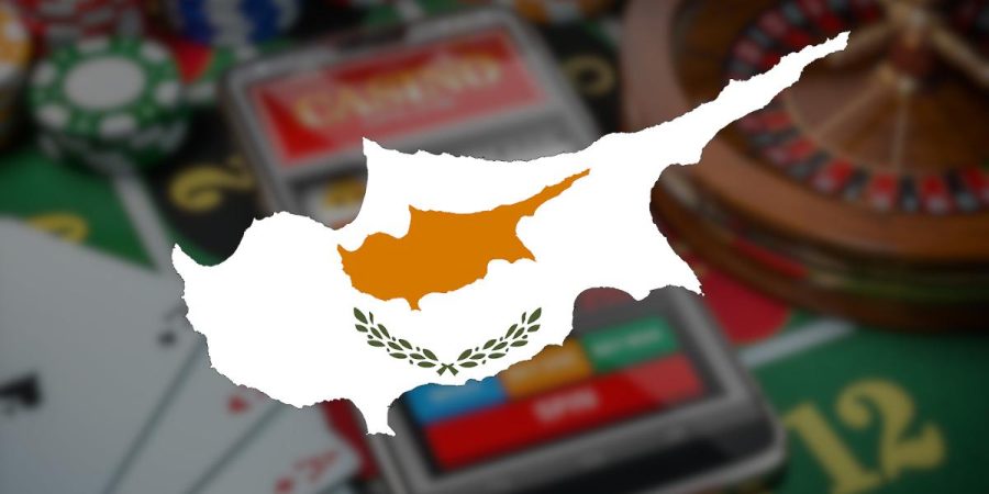 Cyprus flag silhouette over a blurred casino table background