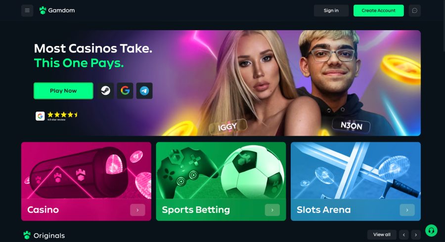 Gamdom crypto casino homepage screenshot