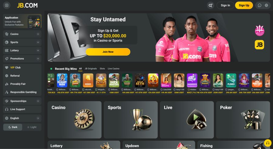 JB.com crypto casino homepage screenshot