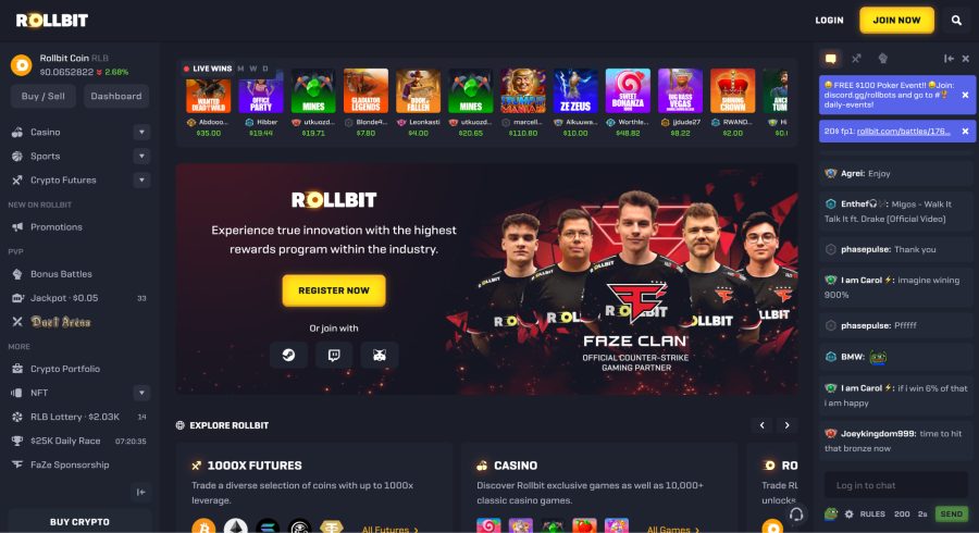 Rollbit crypto casino homepage screenshot