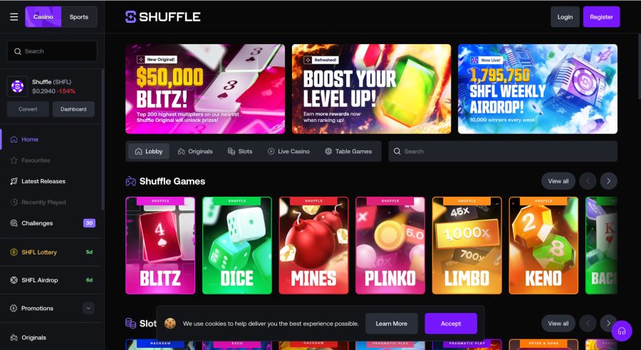 Shuffle crypto casino homepage screenshot